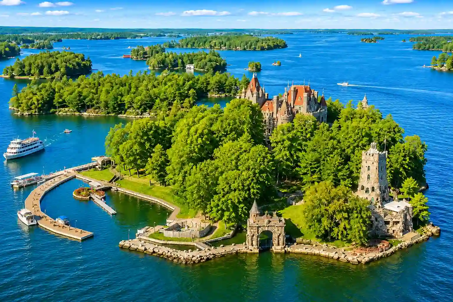 Boldt Castle with stone turrets on Heart Island in the St. Lawrence River on a sunny summer day
