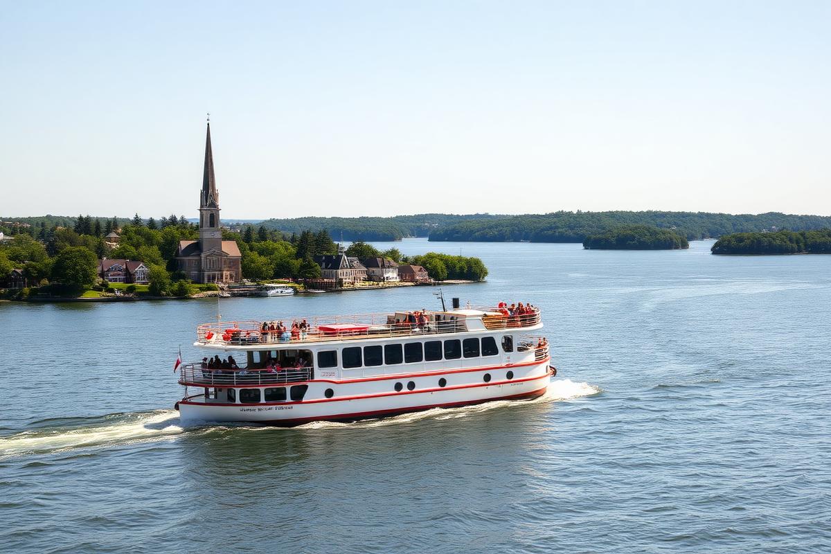 Double-decker sightseeing cruise boat passing a church spire on the Brockville waterfront of the St. Lawrence River