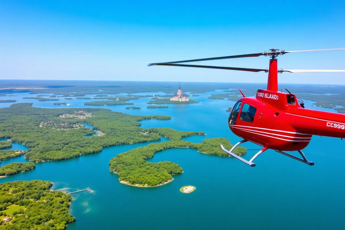 Red sightseeing helicopter flying over the scattered green islands and blue water of the 1000 Islands