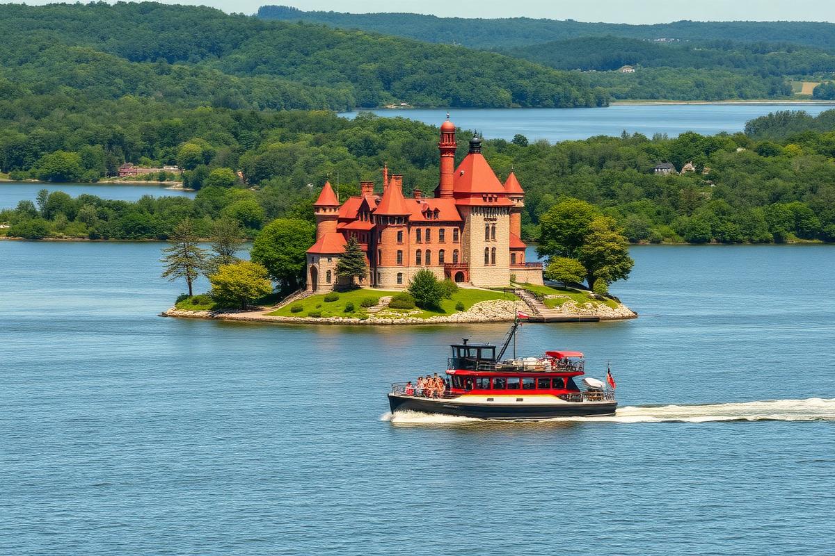 Red-roofed Boldt Castle on Heart Island with a tour boat cruising past on the St. Lawrence River