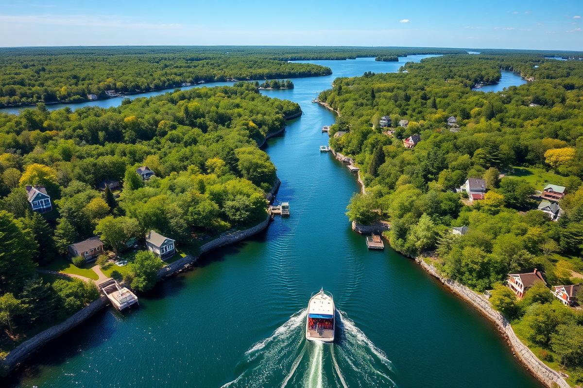 Tour boat cruising a narrow channel between lush green 1000 Islands near Rockport, Ontario
